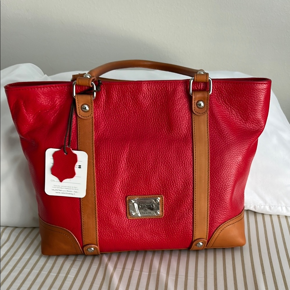 VALENTINA RED COMBO PEBBLE LEATHER TOTE HANDBAG BRAND NEW